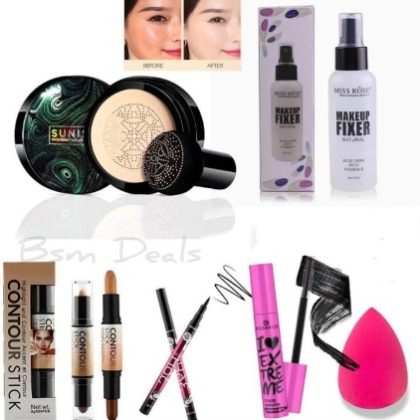 6 in 1 Makeup Deal Sunsia foundation, fixer, stick, liner, maskara, puff