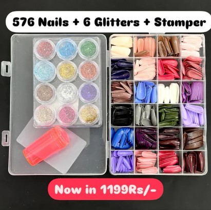 Ultimate Nail Art Deal – 576 Nails + 6 Nail Glitters + Nail Stamper