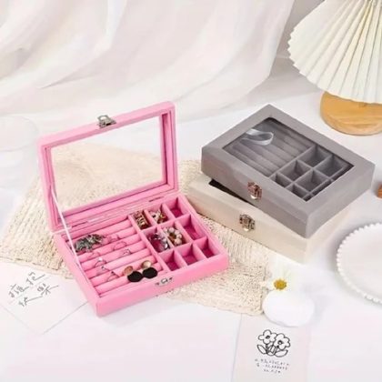 Luxury Velvet Glass Jewellery Box with Gold Trim – Elegant Storage Organizer